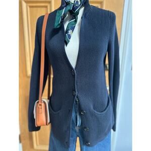 Liz Claiborne Women’s Cotton Cardigan Sweater Navy Blue Knit Medium Pockets